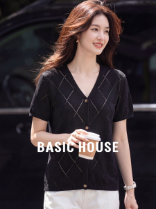 Basic House | Elegant V-neck Short Sleeve Knit Cardigan