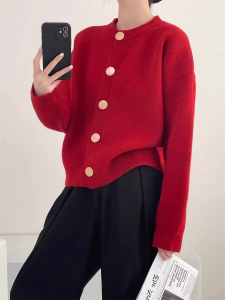 Red Knitwear Sweater Outwear Womens Idle Style Loose round Neck Cardigan Spring & Fall French Retro Crew Neck Tops Winter