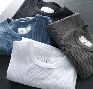 With Tone! Plaid Walf Checks Fabric Pure Color T-Shirt American Retro round Neck Short Sleeves T-Shirt Male