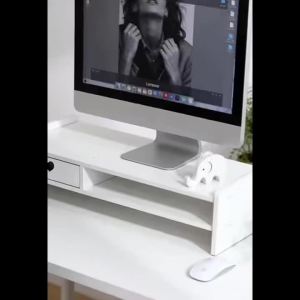 Minimalist White PVC Monitor Stand Riser with Storage Drawer Ergonomic Desktop Elevator for Computer Office & Home Desk Organi