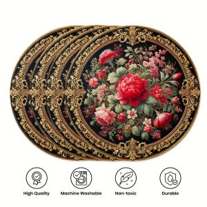 VIKAMA 4PC Black Gold Light Luxury Meal Mat Anti scald Mat Red Powder Flower Table Decoration and Accessories
