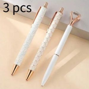 3pcs White Round Ballpoint Pens for Office Desk Metal Crystal Diamond Pen Flash Pen Holder Fancy Pen Black Ink Flashing Office D