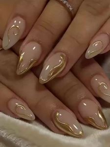 3D fake nails for women gilrs nude almond nail art tips french golden frame rhinestones design full cover press on false nails
