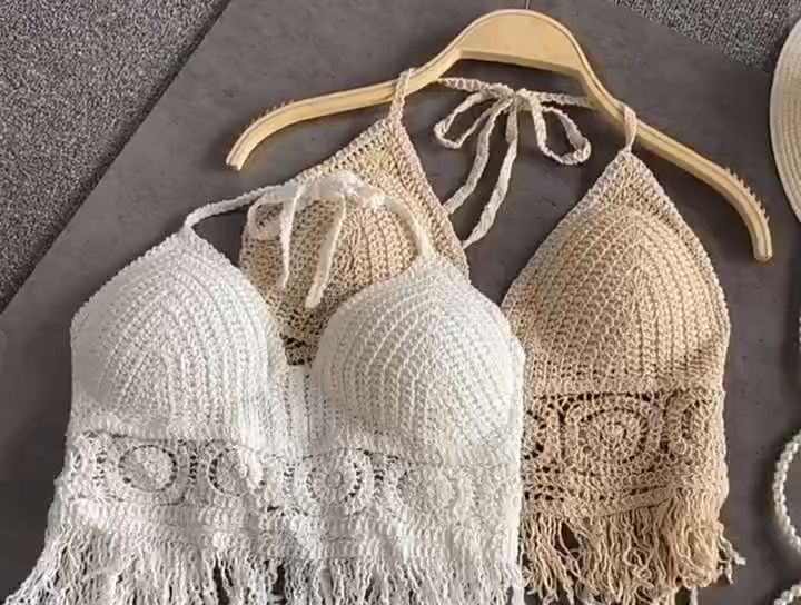 White Crochet Triangle Bralet, Tops