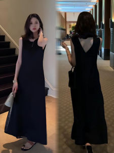 French Style Hepburn Black Sleeveless Vest Dress Women Summer 2024 Casual Elegance Backless Long Skirt A-Line round Neck