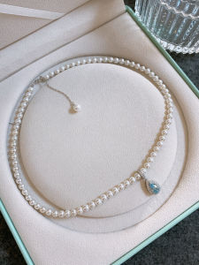 925 Sterling Silver Sea Turquoise Waterdrop Pendant Necklace Womens Elegant French Luxury Clavicle Chain Gift Pearl