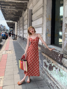 Đầm Dài V-Neck Quai Carô Retro