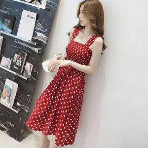 Korean Style Polka Dot Mid-length Dress For Women Casual Suspender Skirt One-shoulder Slim Dresses Strap Bottoming Skirt