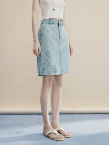 FAMANXUAN | Vintage Diamante Daisy Cotton Denim Straight Midi Skirt