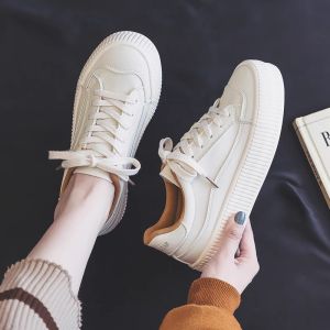 Womens Casual Thick Bottomed Leather Surface Cookie Shoes White Sneakers Versatile Comfortable round Toe mid Heel Rubber Sole