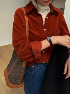 Ultra-Pale French Vintage Red Long Sleeve Corduroy Shirt Spring Autumn Chic Casual Loose Layering Personality Blouse