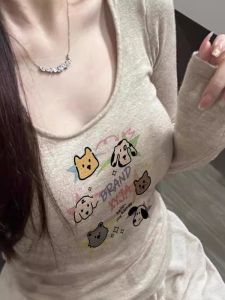 Chic Thickened Short Base Shirt Autumn Winter Oats Color Slim Fit T-Shirt Womens Style Commute Korean Version round Neck Print