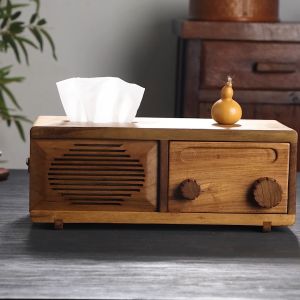 กล่องกระดาษทิชชูพร้อมลิ้นชัก ห้องนั่งเล่น กล่องเก็บผ้าเช็ดปากไม้สัก โต๊ะดึงกล่องกระดาษ วิทยุจีนใหม่รูปร่าง กล่องทิชชู่ไม้เนื้อแข็ง