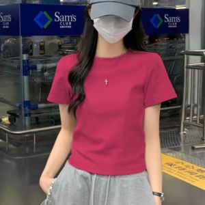 Light Purple Slim Fit Short Sleeve T-Shirt Womens Summer New Style Versatile Pure Color Top Fashionable round Neck Tee