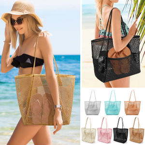 Mesh beach bag womens shoulder tote bag large capacity foldable mesh swim bag with pocket.-zmt