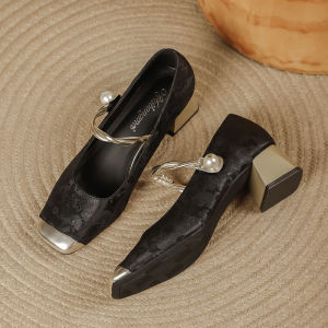 สไตล์จีนใหม่ Qipao รองเท้าส้นสูงสําหรับหมั้นกับกระโปรง Mary Janes Pearlescent Retro แฟชั่นรองเท้าเดียวผู้หญิงลมอ่อนโยน