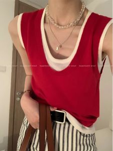 Áo Len Dệt Kim Không Tay Cổ Chữ U Cho Nữ Mùa Hè Thiết Kế Rộng Rãi Màu Tương Phản Áo Lót Áo Khoác Ngoài