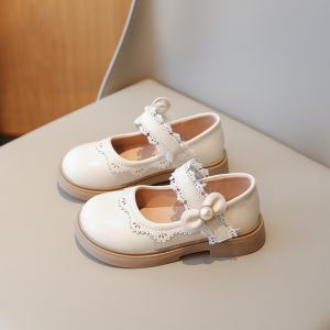 Princess Style Summer Single Shoes for Girls Black Leather Ballet Flats Childrens Footwear Magic Tape Closure round Toe