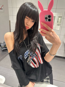 เสื้อยืดแขนสั้นลายพิมพ์ดิจิตอลสไตล์อเมริกันย้อนยุคสำหรับผู้หญิงในช่วงฤดูร้อน โชว์ไหล่กระชับสัดส่วน เสื้อชั้นในด้านบน