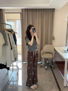 YUFUQING | Khaki Retro Embroidered Flared Casual Pants Summer New Slimming High Waist Straight Leg Wide Leg Pants Casual Trousers