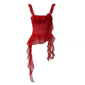 chaqi | Áo vest lưới không tay không đều gợi cảm hoa hồng thiết kế dây thắt lưng viền áo cho nữ mùa hè thường ngày mặc ngoài