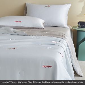 shui yang | Washable Lightweight Summer Tencel Cartoon Embroidery Single Quilt 4pcs Set