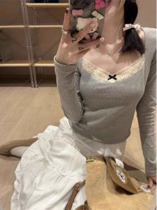 Autumn Winter Grey Lace Long Sleeve Base Shirt Womens Small Fragrance Style Inner Wear Square Collar T-Shirt Pure Desire Top