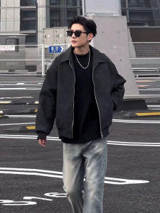 เสื้อแจ็คเก็ตหนังสไตล์อเมริกัน Cleanfit สำหรับผู้ชาย สีดำ คอปกพับ ทรงหลวม ฤดูใบไม้ผลิและฤดูใบไม้ร่วง เสื้อกั๊กบุขนแกะแบบสวมหัว