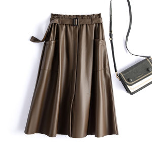 Autumn Winter New Style Womens Mid-Length A-Line Skirt High Waist Slim Fit Sheep Leather Pleated Skirt Fashionable Casual