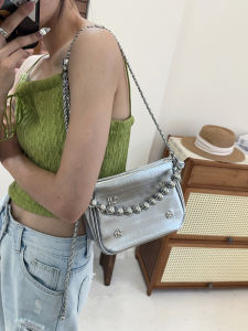 2024 New Diamond Grid Chain Single Shoulder Crossbody Bag Womens Folded Bucket Bag Silver Handbag Cloud Shape Soft PU Leather