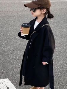 Childrens Clothing Korean Style Autumn and Winter Clothing New Black Mid-Length Woolen Coat Kids Woolen Coat Outerwear Autumn and Winter