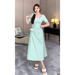 Elegant Mint Motion French Style Long Dress for Plus Size Women Summer Waist Hiding Slimming Belly Covering Short Sleeve Dress