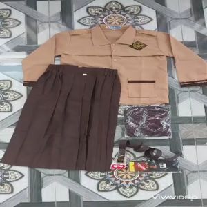 Seragam Pramuka Siaga SD Setelan Anak Perempuan Panjang Baju Pramuka Siaga Kelas 1-6 SD Free Jilbab Coklat Anak Perempuan