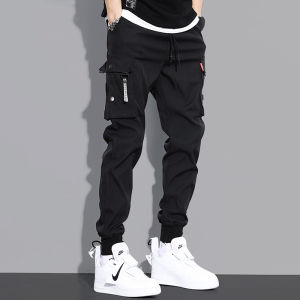 GURBAKS Mens Casual Black Work Trousers Cargo Pants Loose Fit Drawstring Trousers Youth Fashion Summer Autumn Polyester Fiber