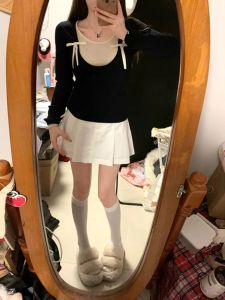 ฝรั่งเศส สไตล์เกาหลี ผู้หญิง เสื้อถักสั้น เสื้อท่อนบน ชุดชั้นใน ปมผีเสื้อสวยงาม ฤดูใบไม้ร่วง ฤดูหนาว สลิมฟิต เสื้อสวม คอกลม