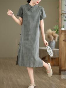 Retro Style Chinese Cheongsam Dress Womens Summer Loose Cotton Linen Plaid One Piece Dress High Slit Daily Wear Short Sleeve
