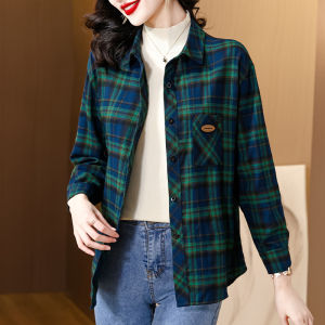 เสื้อเชิ้ตลายสก็อตคอโปโลผ้าฝ้ายแท้แขนยาวสไตล์ฤดูใบไม้ร่วงสำหรับผู้หญิง เสื้อคลุมกันหนาวแบบอเนกประสงค์ เสื้อผ้าทำงานสไตล์ย้อนยุค