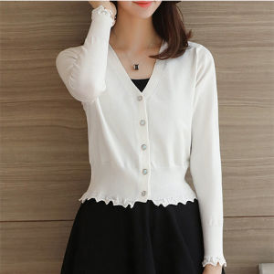 เสื้อผ้าถักแบบใหม่ฤดูใบไม้ผลิและฤดูใบไม้ร่วงคาร์ดิแกนเสื้อผู้หญิงเสื้อตัวนอกชายลูกไม้เข้ารูปไซส์ใหญ่ชุดผู้หญิงเสื้อคลุมตัวเล็กแขนยาวแบบสั้น