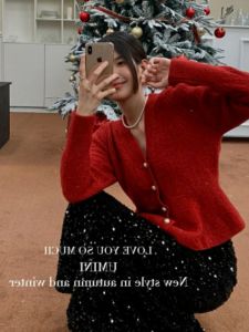 Christmas New Year Red Knitted Fine Flash Silver Thread Open Cardigan Sweater Outerwear Winter New Style Vintage V-neck Long Sleeve