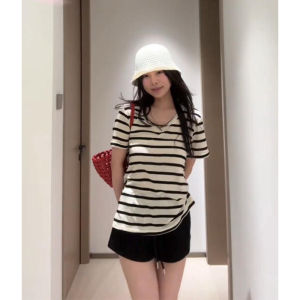 YUEZHONGWEI | Summer V-neck T-shirt Womens Short Sleeve Knitted Linen Silk Stripe Color Block Design Casual Top Korean Style Loose Fit