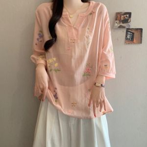 AIYITI | Cultural Style Pink Embroidered Three Quarter Sleeve Inclusive Shirt