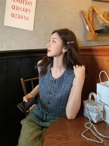 เสื้อกั๊กแขนกุดสไตล์ฝรั่งเศส ทรงเข้ารูป คอตั้ง เส้นใยโพลีเอสเตอร์ ทรงเข้ารูป สำหรับผู้หญิง ฤดูร้อน 2025 แขนกุด คอตั้ง