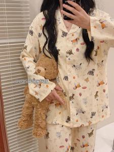 Cute Dog Plaid Print Cloud Cotton Sleepwear Womens Long Sleeve Long Pants Home Clothes Set Large Size Korean Style Autumn Spring