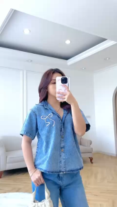 Nando ATASAN KEMEJA WANITA BAHAN DENIM BORDIR PITA LENGAN PENDEK SIMPLE DAILY ADEM