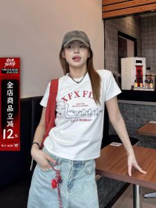 Womens American Style Short SleeveT-Shirt Casual Letter Print Slim Fit Street Style CottonRound Neck Short Length Basic Pattern