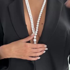 SHIXIN Elegant White Black Acrylic Beaded Chain Pendant Necklace for Women Korean Fashion Long Tassel Sweater Chain Boho Jewelry