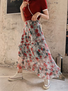 กระโปรงทรงเอเอวสูงพิมพ์ลายดอกไม้สำหรับผู้หญิง กระโปรงทรงเอยาวปานกลาง ฤดูร้อน 2024 สไตล์เกาหลี กระโปรงทรงเอแบบพิมพ์ลายดอกไม้