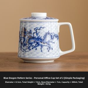 JISU | Elegant Blue-and-White Dragon Pattern Ceramic Cup with Lid Tea Set