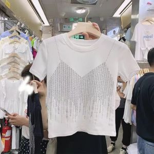 เสื้อยืดแขนสั้นติดเพชรขายดีสำหรับผู้หญิง M-4XL MODE Korea ใหม่เข้ารูปพอดีผู้หญิง สั้นเฉพาะกลุ่ม