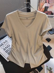 Summer 2024 Womens Fashion V-neck T-shirt Slit Design Slim Fit Cotton Blend Short Sleeve Classic Pattern Korean Style Top